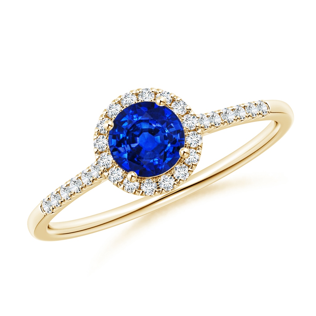 5mm AAAA Round Sapphire Halo Ring with Diamond Accents in Yellow Gold