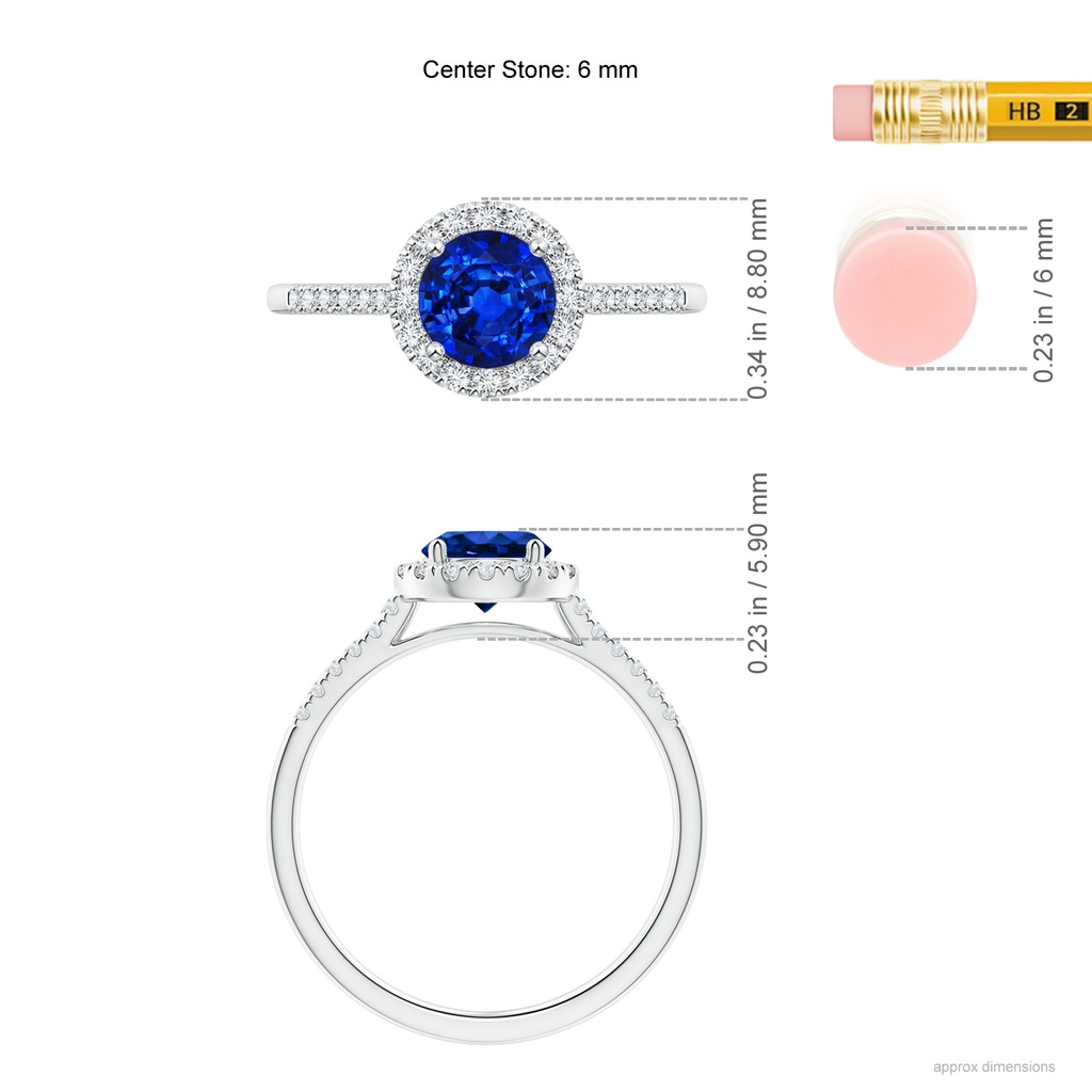6mm AAAA Round Sapphire Halo Ring with Diamond Accents in P950 Platinum Ruler