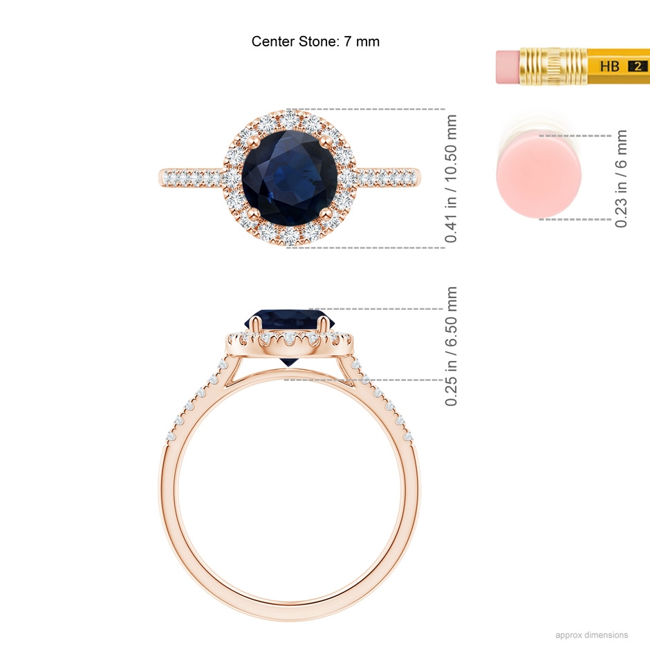 7mm A Round Sapphire Halo Ring with Diamond Accents in Rose Gold ruler