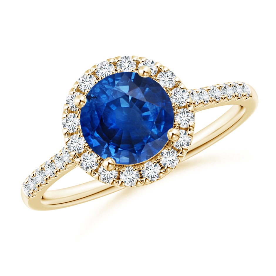7mm AAA Round Sapphire Halo Ring with Diamond Accents in Yellow Gold 