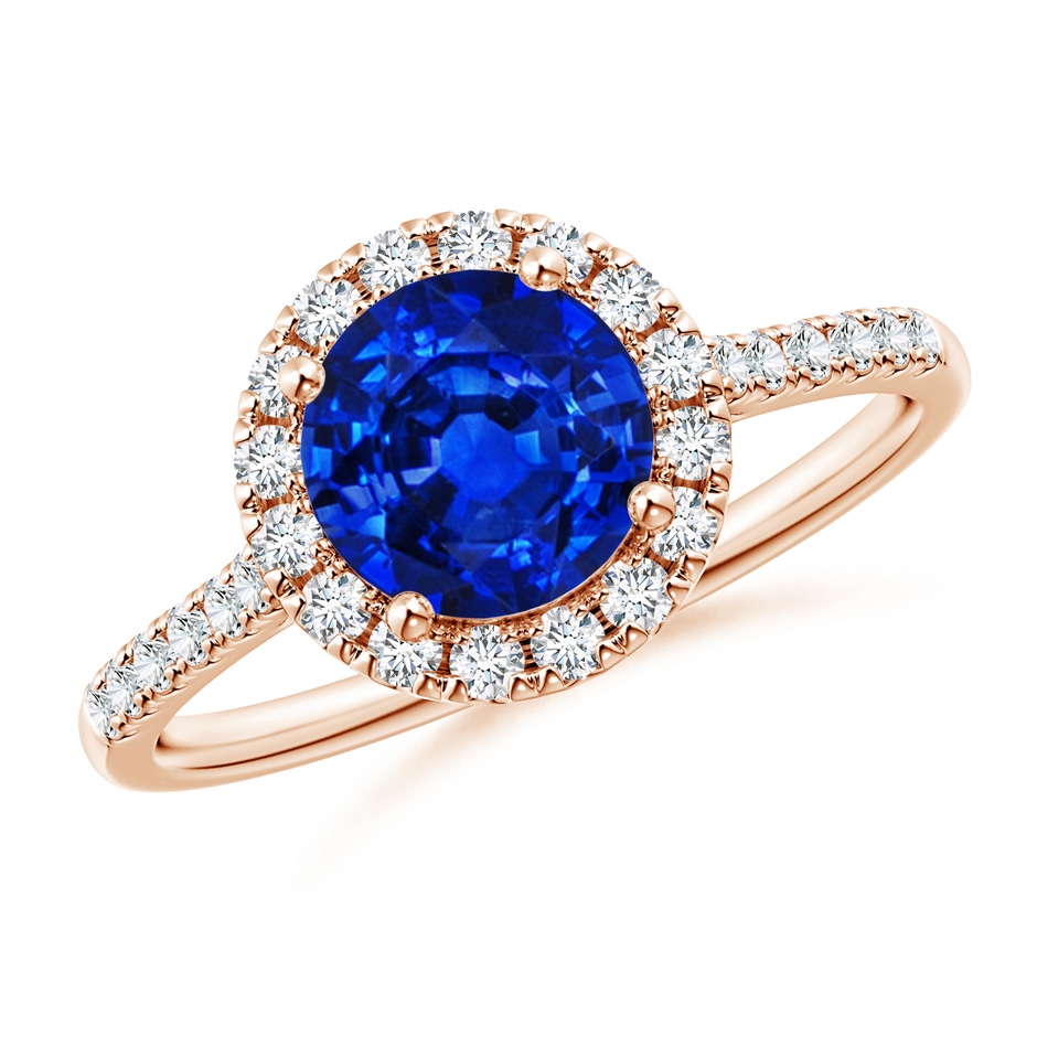 7mm AAAA Round Sapphire Halo Ring with Diamond Accents in Rose Gold 