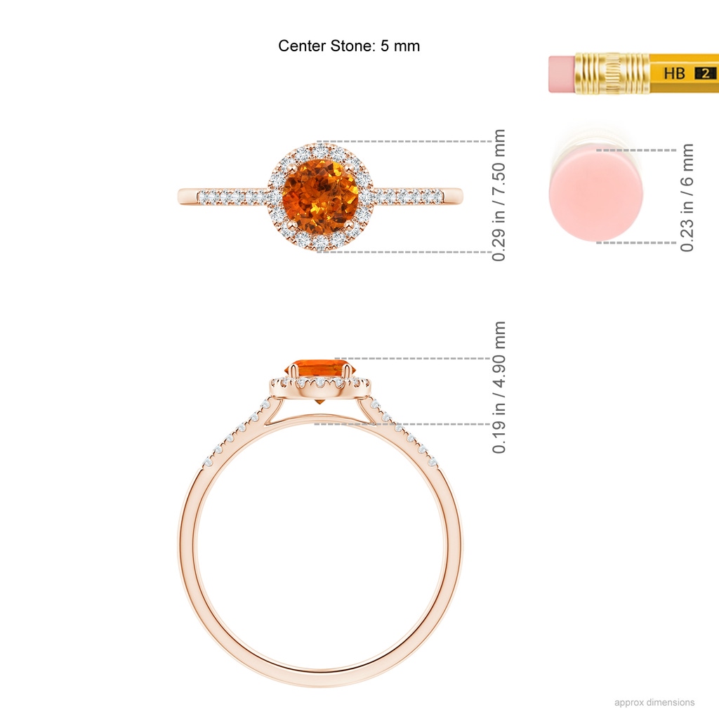 5mm AAA Round Spessartite Halo Ring with Diamond Accents in Rose Gold Ruler