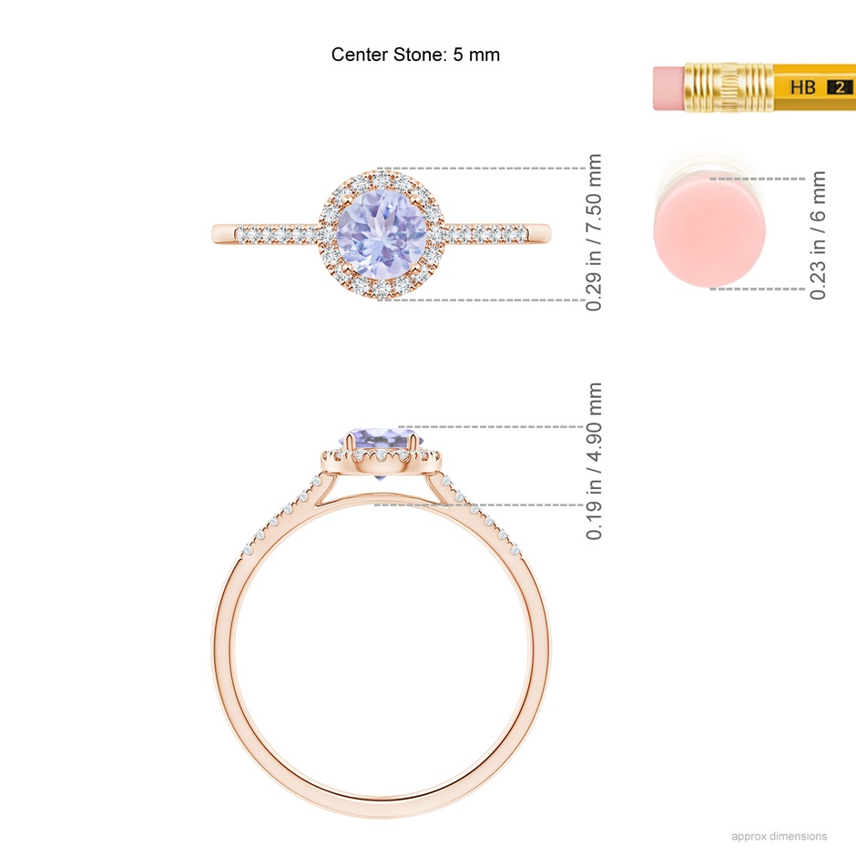 5mm A Round Tanzanite Halo Ring with Diamond Accents in Rose Gold ruler