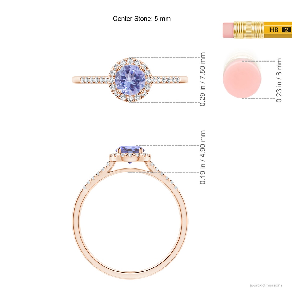 5mm AA Round Tanzanite Halo Ring with Diamond Accents in Rose Gold ruler