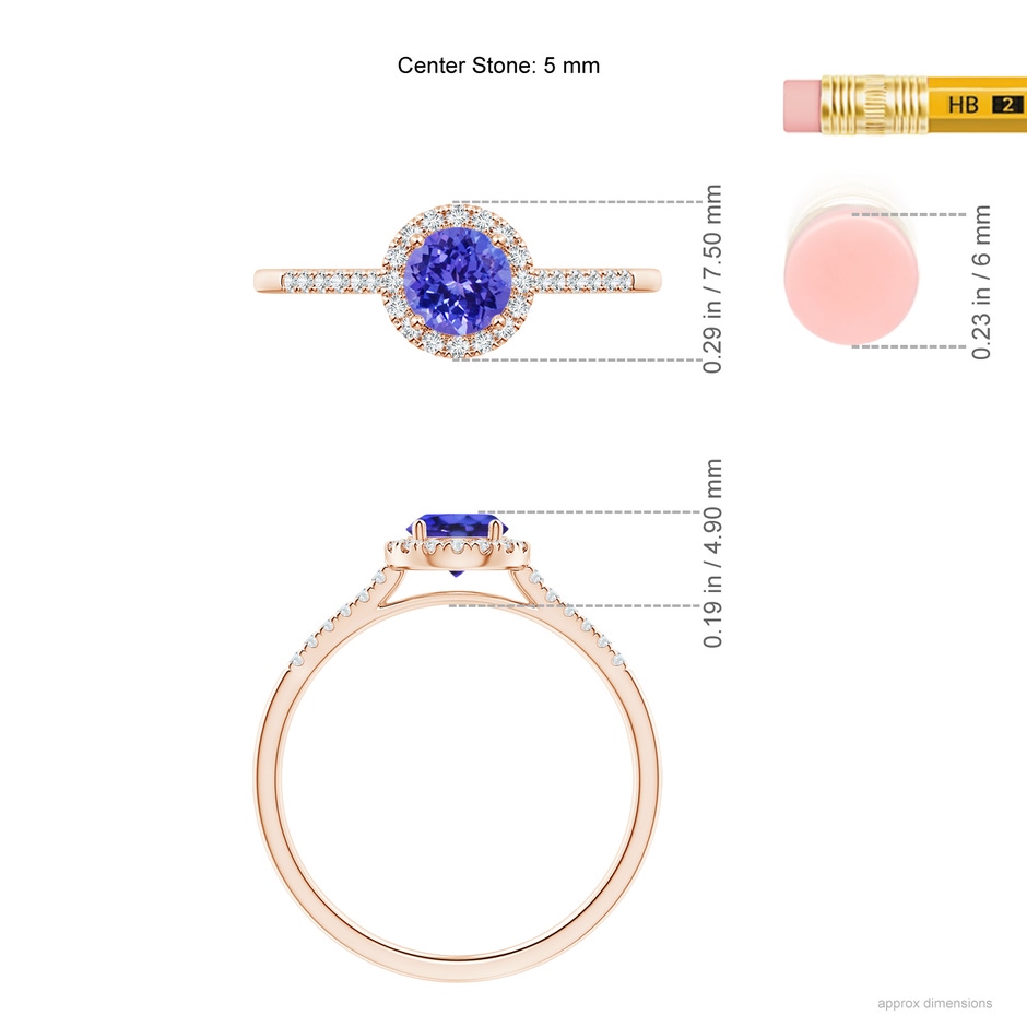 5mm AAAA Round Tanzanite Halo Ring with Diamond Accents in Rose Gold ruler