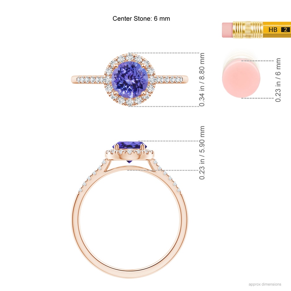 6mm AA Round Tanzanite Halo Ring with Diamond Accents in Rose Gold ruler