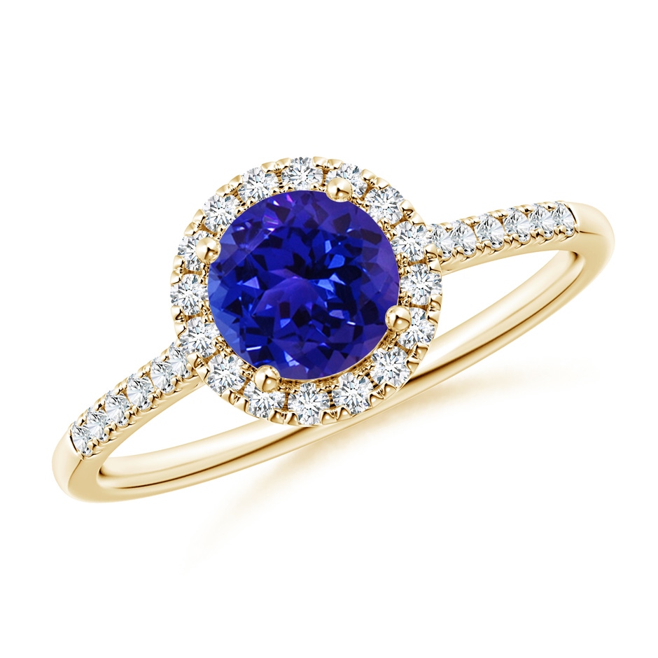 6mm AAAA Round Tanzanite Halo Ring with Diamond Accents in Yellow Gold 