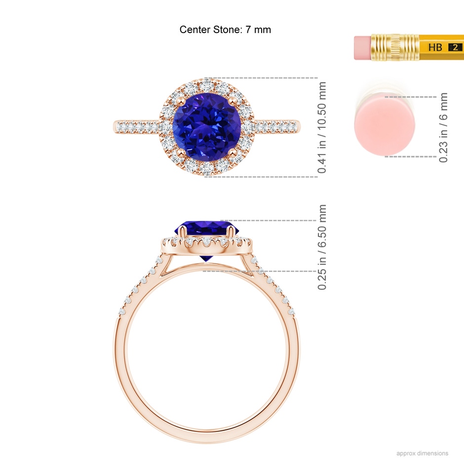 7mm AAAA Round Tanzanite Halo Ring with Diamond Accents in Rose Gold ruler