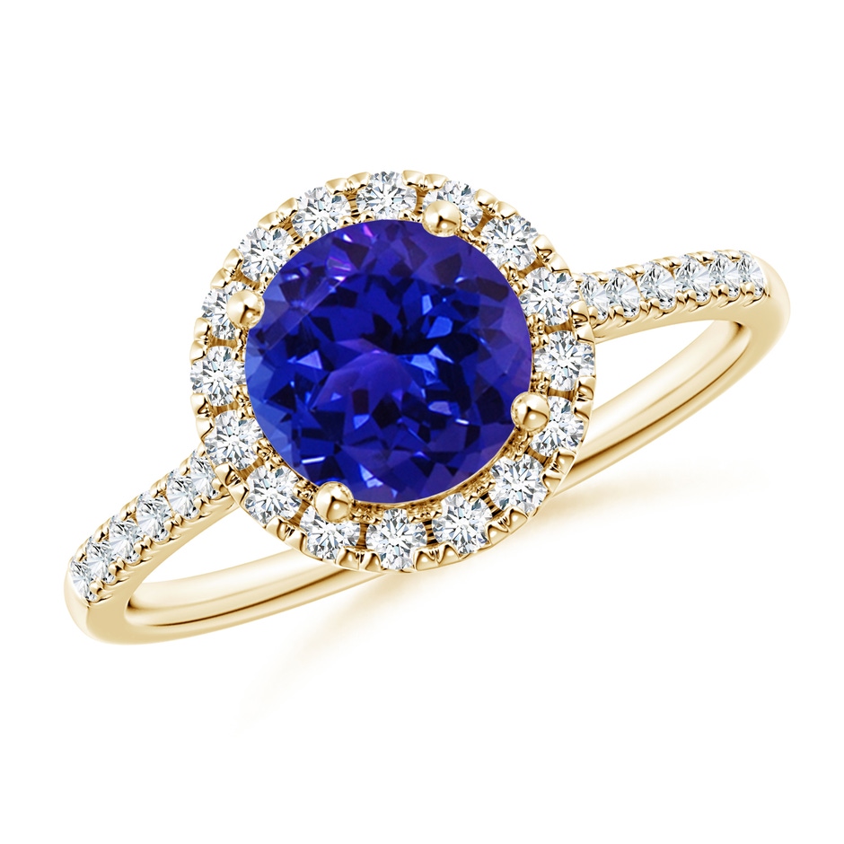 7mm AAAA Round Tanzanite Halo Ring with Diamond Accents in Yellow Gold 
