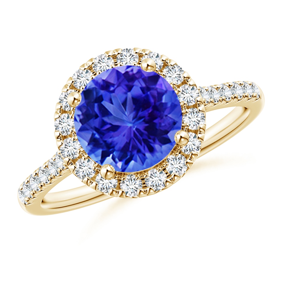 8mm AAA Round Tanzanite Halo Ring with Diamond Accents in Yellow Gold 
