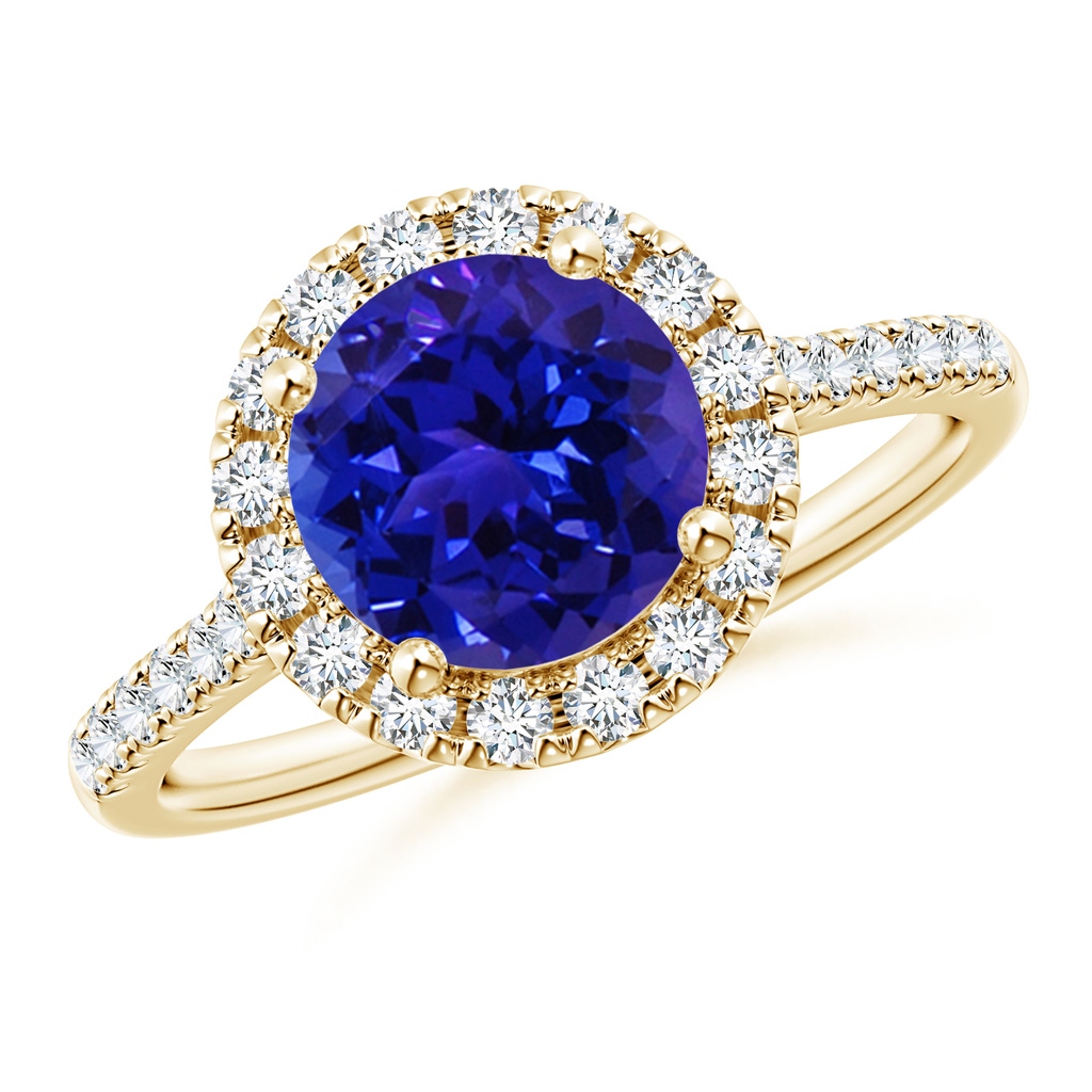 8mm AAAA Round Tanzanite Halo Ring with Diamond Accents in Yellow Gold