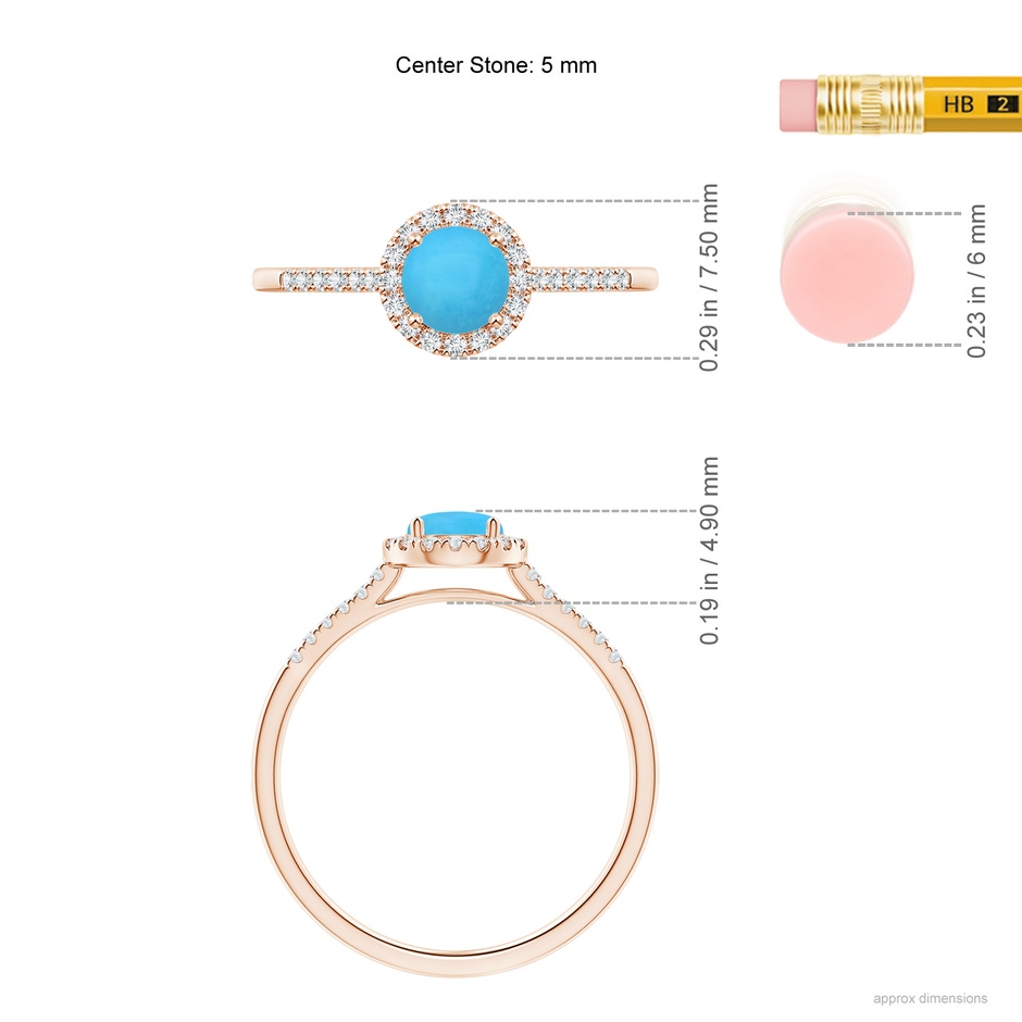 5mm AAA Round Turquoise Halo Ring with Diamond Accents in Rose Gold ruler