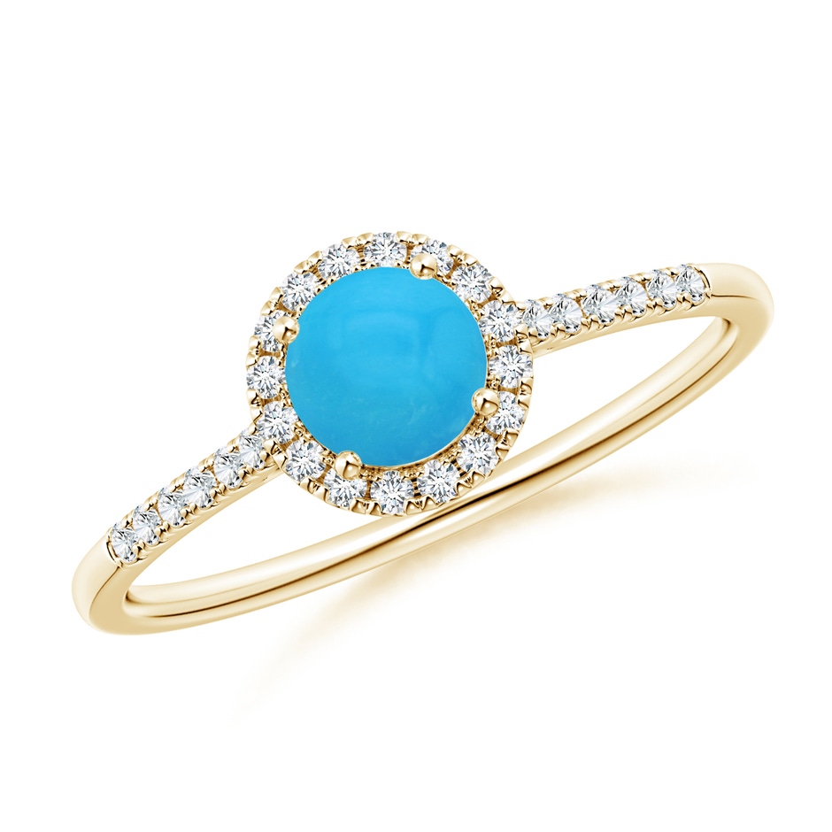 5mm AAAA Round Turquoise Halo Ring with Diamond Accents in Yellow Gold 