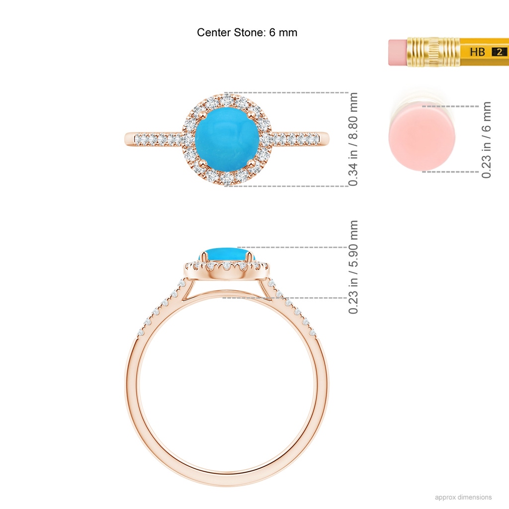 6mm AAAA Round Turquoise Halo Ring with Diamond Accents in Rose Gold Ruler