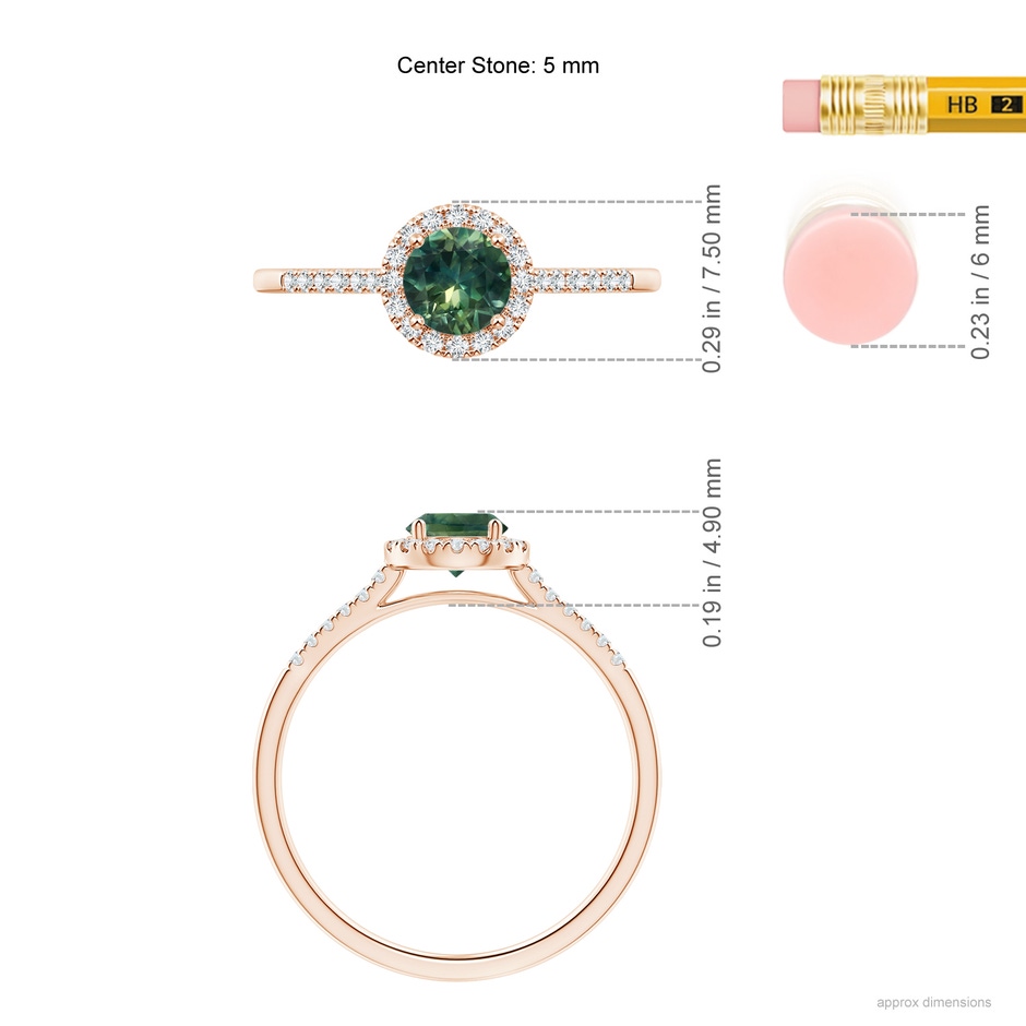5mm AA Round Teal Montana Sapphire Halo Ring with Diamond Accents in Rose Gold ruler