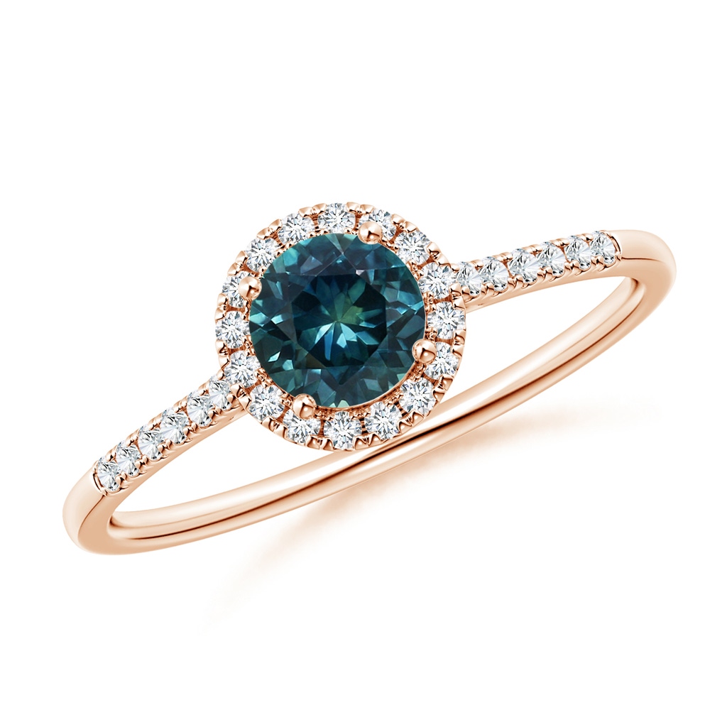 5mm AAA Round Teal Montana Sapphire Halo Ring with Diamond Accents in Rose Gold