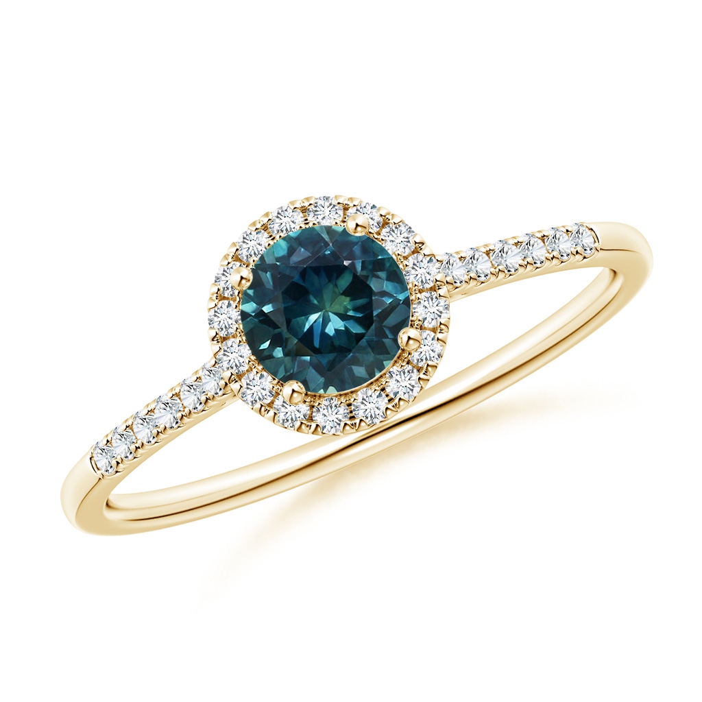 5mm AAA Round Teal Montana Sapphire Halo Ring with Diamond Accents in Yellow Gold