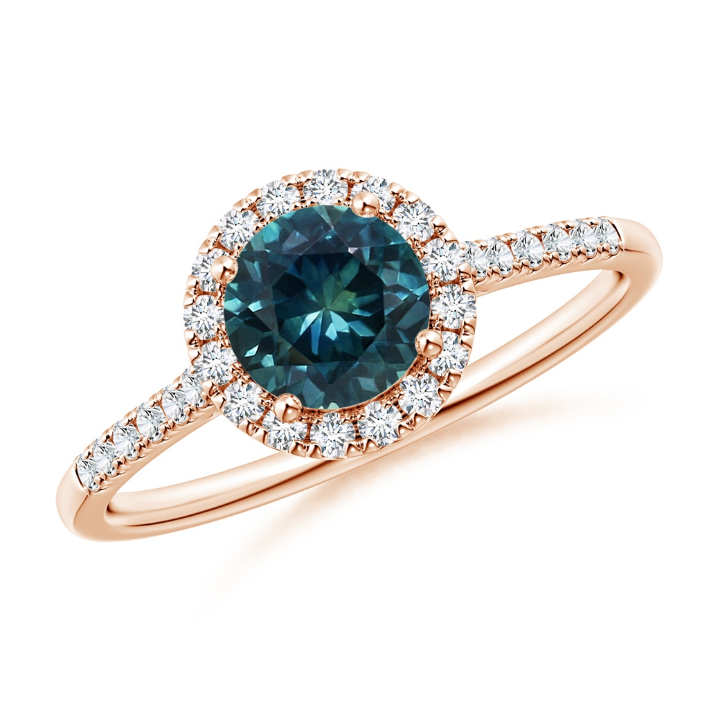 6mm AAA Round Teal Montana Sapphire Halo Ring with Diamond Accents in Rose Gold