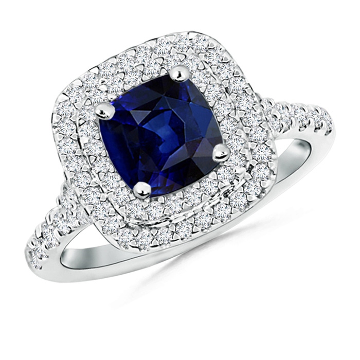 6.5mm AAA Cushion Sapphire Double Halo Ring with Diamond Accents in White Gold 