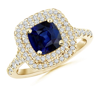 6.5mm AAA Cushion Sapphire Double Halo Ring with Diamond Accents in Yellow Gold