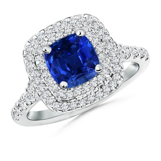 6.5mm AAAA Cushion Sapphire Double Halo Ring with Diamond Accents in White Gold