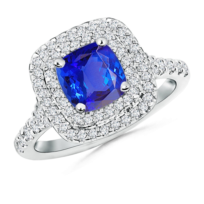 6.5mm AAA Cushion Tanzanite Double Halo Ring with Diamond Accents in White Gold