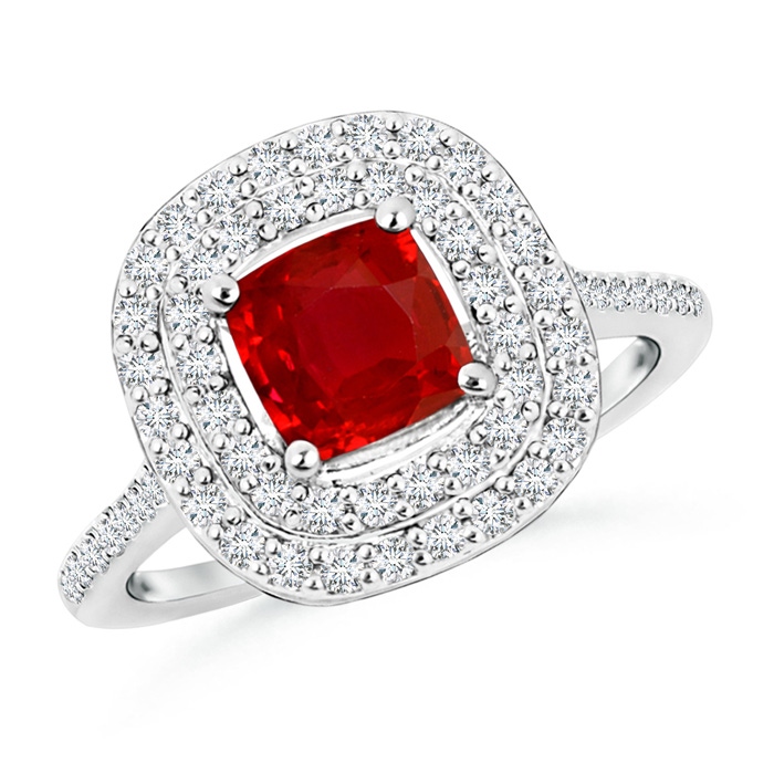 6mm AAA Cushion Ruby Double Halo Engagement Ring with Diamonds in White Gold