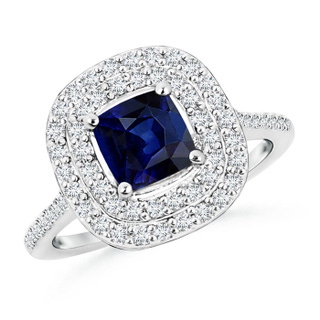 6mm AAA Cushion Sapphire Double Halo Engagement Ring with Diamonds in White Gold