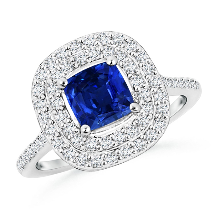 6mm AAAA Cushion Sapphire Double Halo Engagement Ring with Diamonds in White Gold