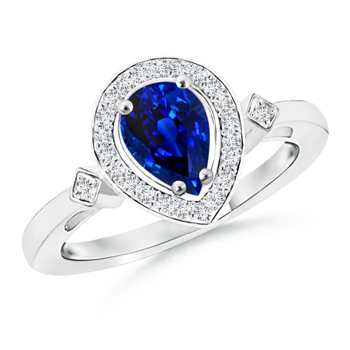 7x5mm AAAA Pear Sapphire Halo Ring with Diamond Accents in White Gold 