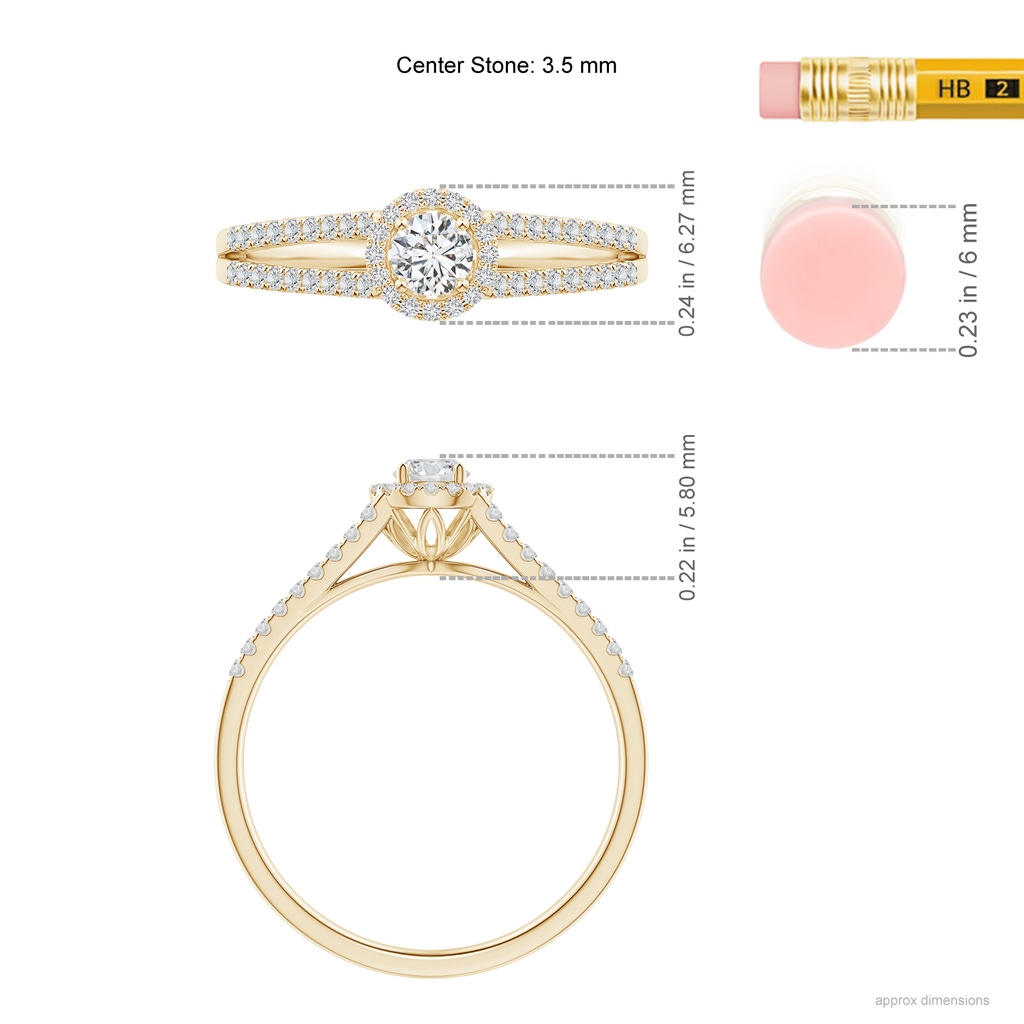 3.5mm HSI2 Split Shank Round Diamond Halo Engagement Ring in Yellow Gold Ruler