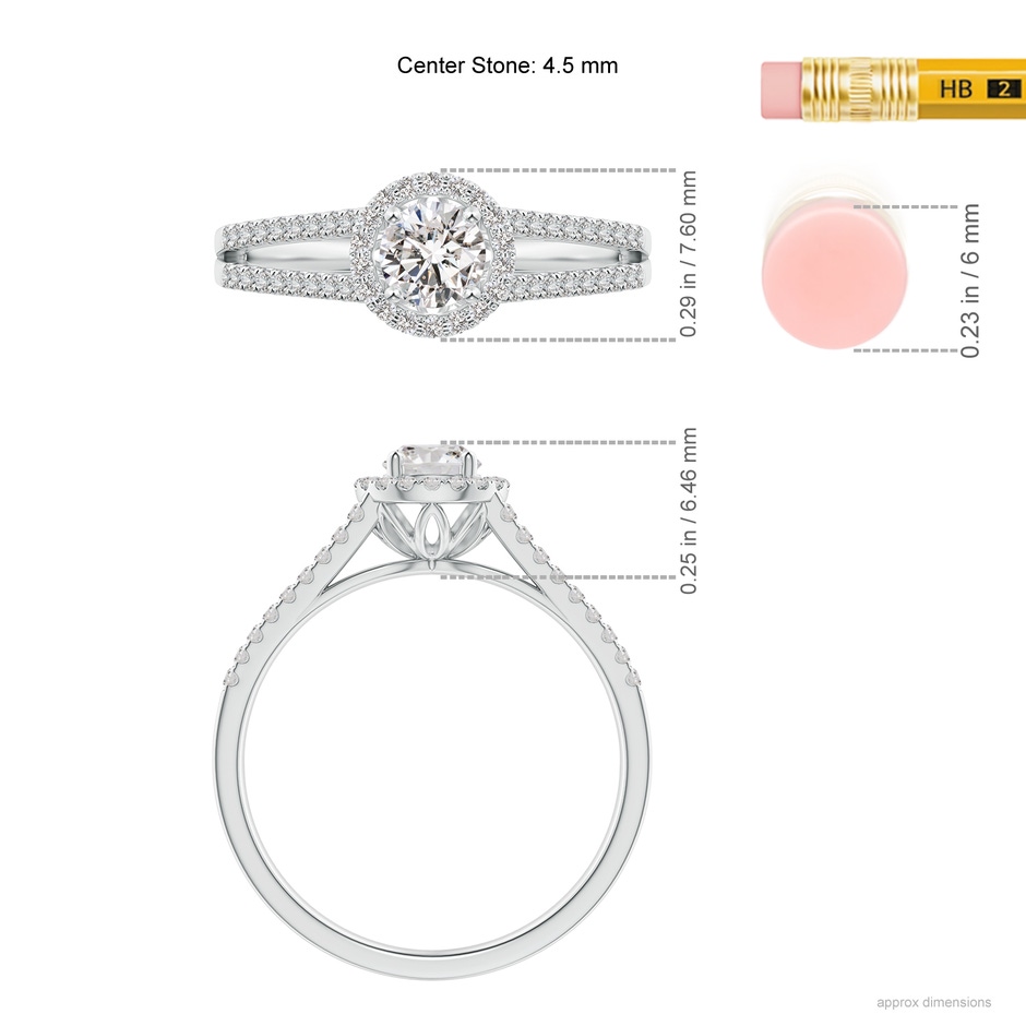 4.5mm IJI1I2 Split Shank Round Diamond Halo Engagement Ring in White Gold ruler
