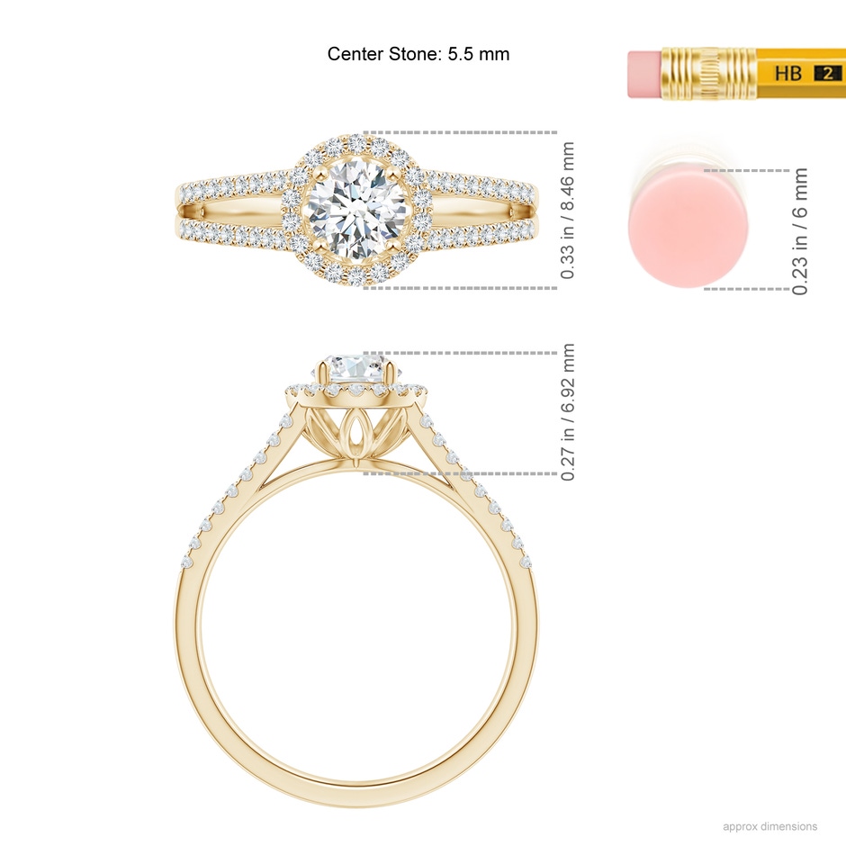5.5mm GVS2 Split Shank Round Diamond Halo Engagement Ring in Yellow Gold ruler