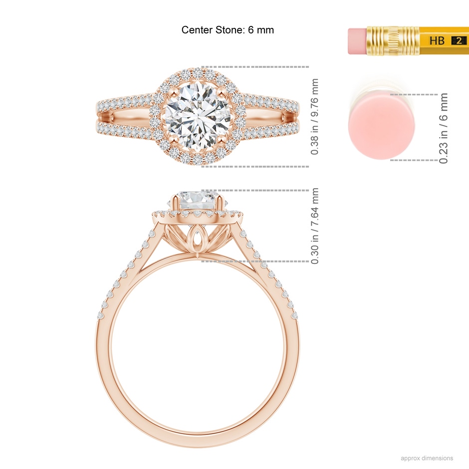 6mm HSI2 Split Shank Round Diamond Halo Engagement Ring in Rose Gold ruler