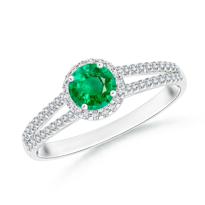 5mm AAA Twin Shank Emerald Halo Ring with Diamond Accents in White Gold 