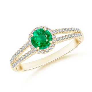 5mm AAA Twin Shank Emerald Halo Ring with Diamond Accents in Yellow Gold