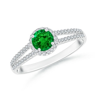 5mm AAAA Twin Shank Emerald Halo Ring with Diamond Accents in White Gold