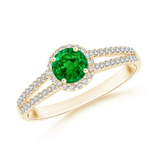 5mm AAAA Twin Shank Emerald Halo Ring with Diamond Accents in Yellow Gold