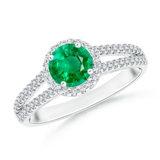 6mm AAA Twin Shank Emerald Halo Ring with Diamond Accents in White Gold