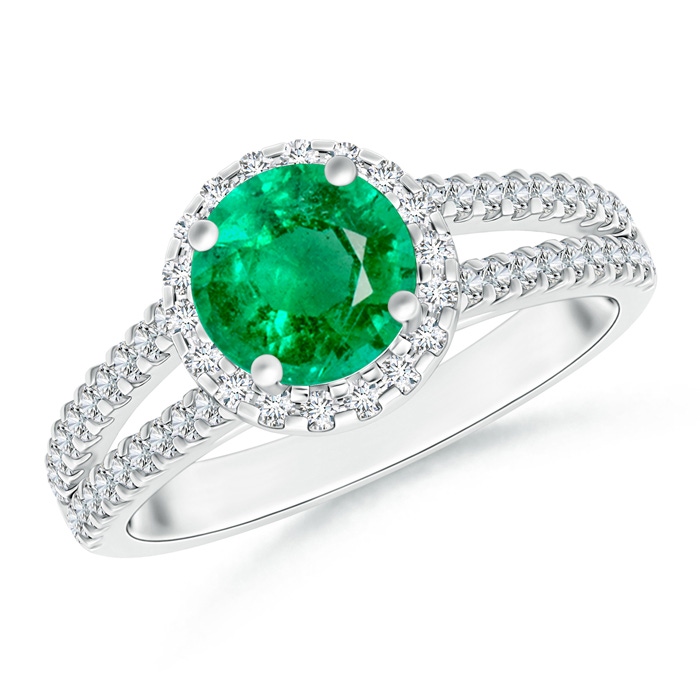 7mm AAA Twin Shank Emerald Halo Ring with Diamond Accents in White Gold 