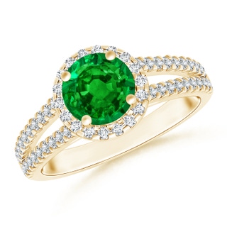 7mm AAAA Twin Shank Emerald Halo Ring with Diamond Accents in Yellow Gold