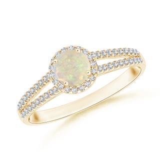 5mm AAA Twin Shank Opal Halo Ring with Diamond Accents in 9K Yellow Gold