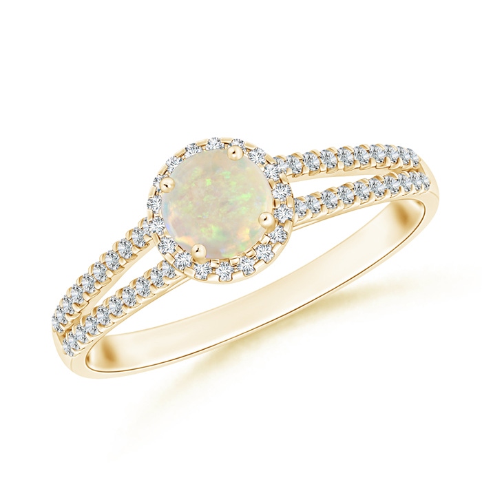 5mm AAA Twin Shank Opal Halo Ring with Diamond Accents in Yellow Gold 