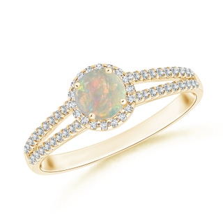 5mm AAAA Twin Shank Opal Halo Ring with Diamond Accents in Yellow Gold
