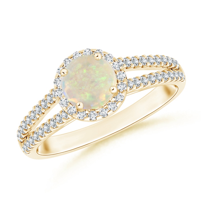 6mm AAA Twin Shank Opal Halo Ring with Diamond Accents in Yellow Gold 
