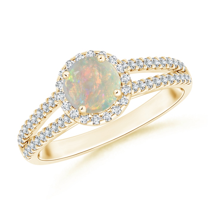 6mm AAAA Twin Shank Opal Halo Ring with Diamond Accents in 10K Yellow Gold 