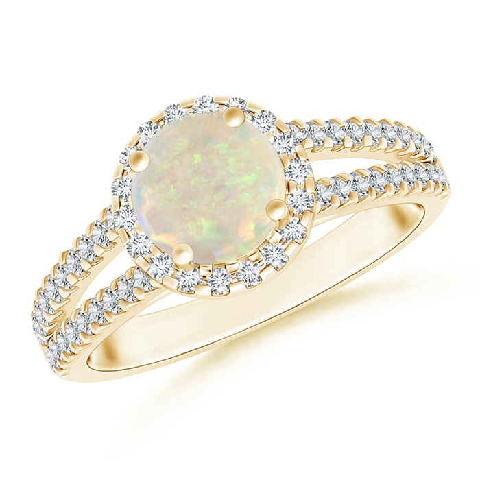 7mm AAA Twin Shank Opal Halo Ring with Diamond Accents in Yellow Gold 