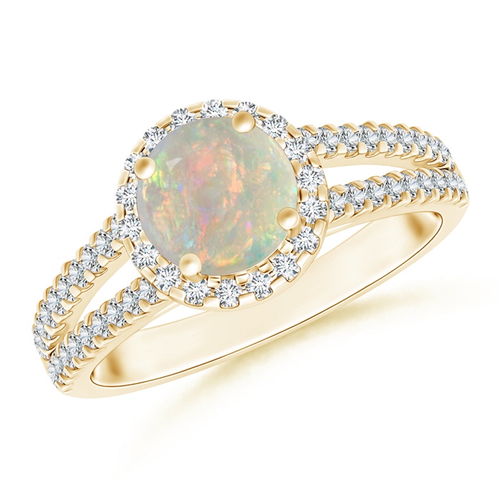 7mm AAAA Twin Shank Opal Halo Ring with Diamond Accents in Yellow Gold 