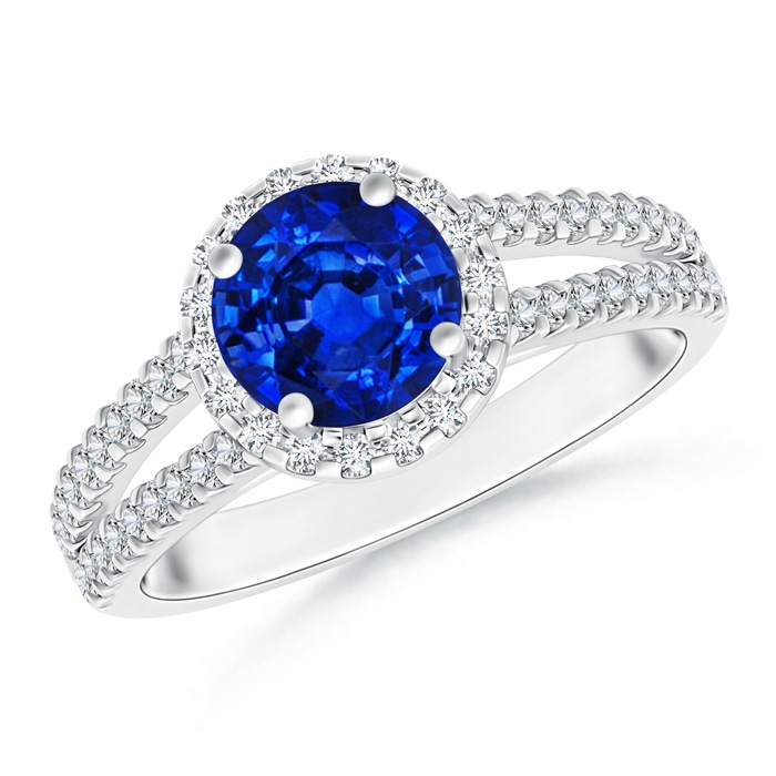 7mm AAAA Twin Shank Sapphire Halo Ring with Diamond Accents in White Gold