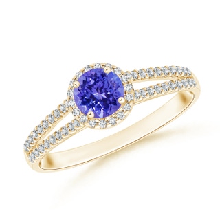 5mm AAAA Twin Shank Tanzanite Halo Ring with Diamond Accents in Yellow Gold